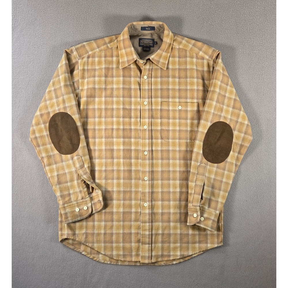 Pendleton Shirt Mens Medium Gold Plaid Wool Flannel Trail Elbow Patches